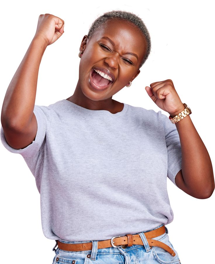 A joyful woman cheering with both arms raised